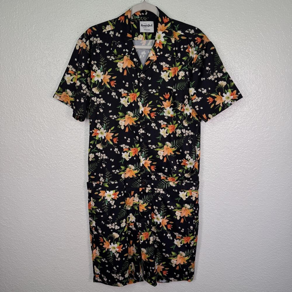 RomperJack Romper Mens Large Hawaiian Floral Short Sleeve Beach Resort Cruise